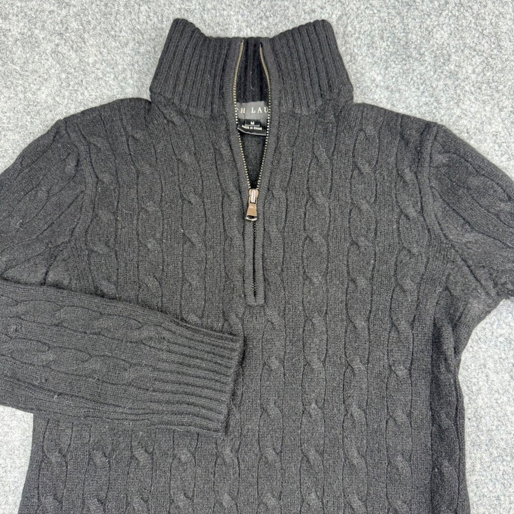 Ralph Lauren 1/4 Zip Sweater Women Fits Small Black 100% Cashmere Cable knit